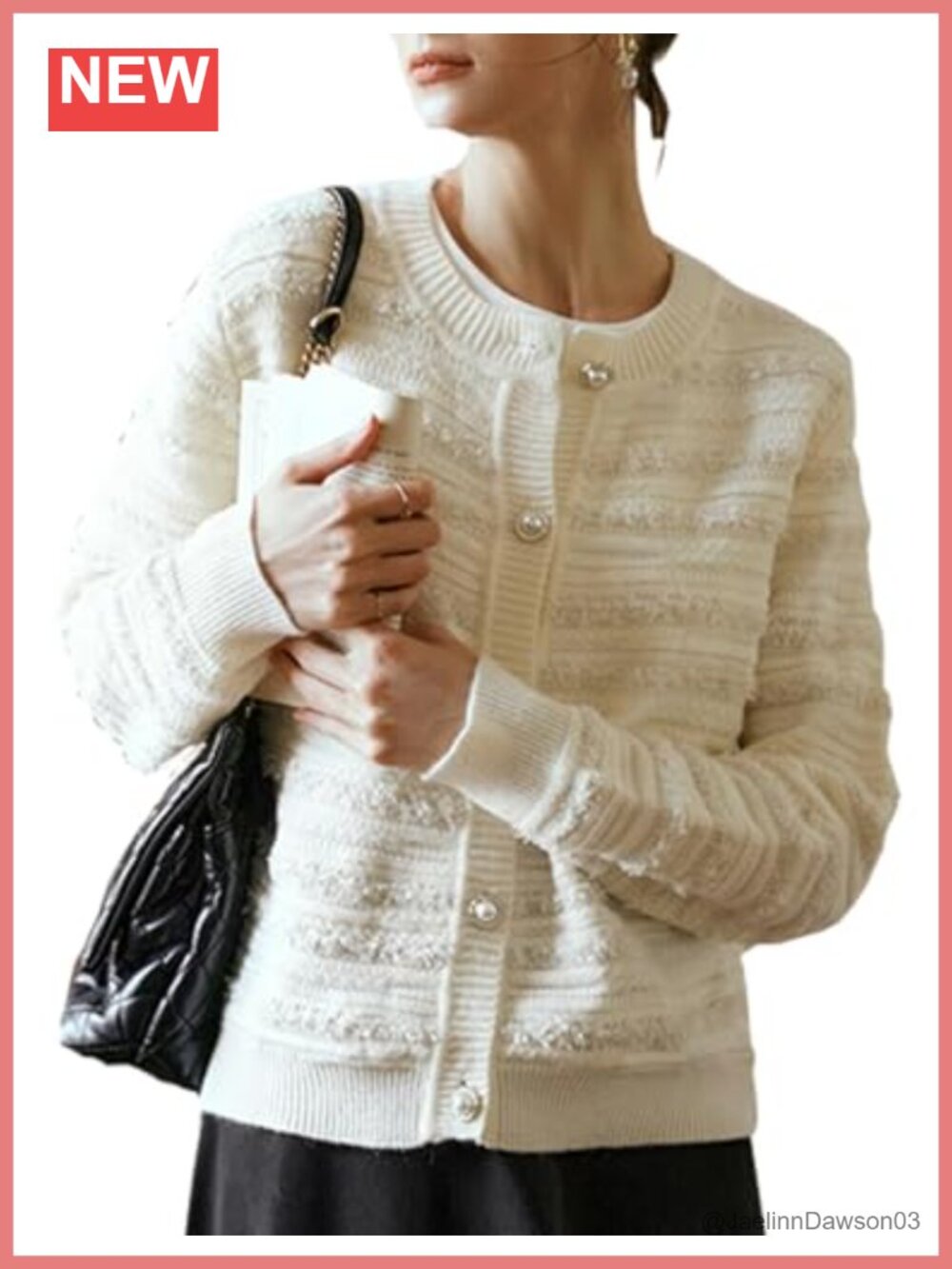 Fuzzy Ribbed Crew Neck Pearl Button Cardigan Long Sleeve Sweater